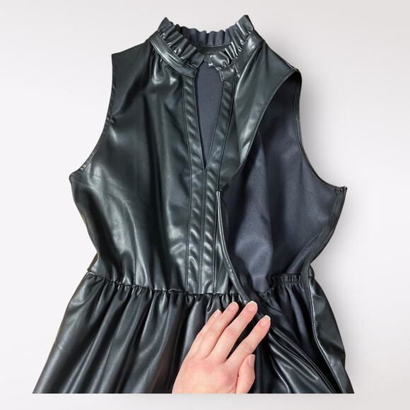 Fate Black Faux Leather Ruffled Tiered Mini Dress Size S Moto Boho Goth - Picture 7 of 10